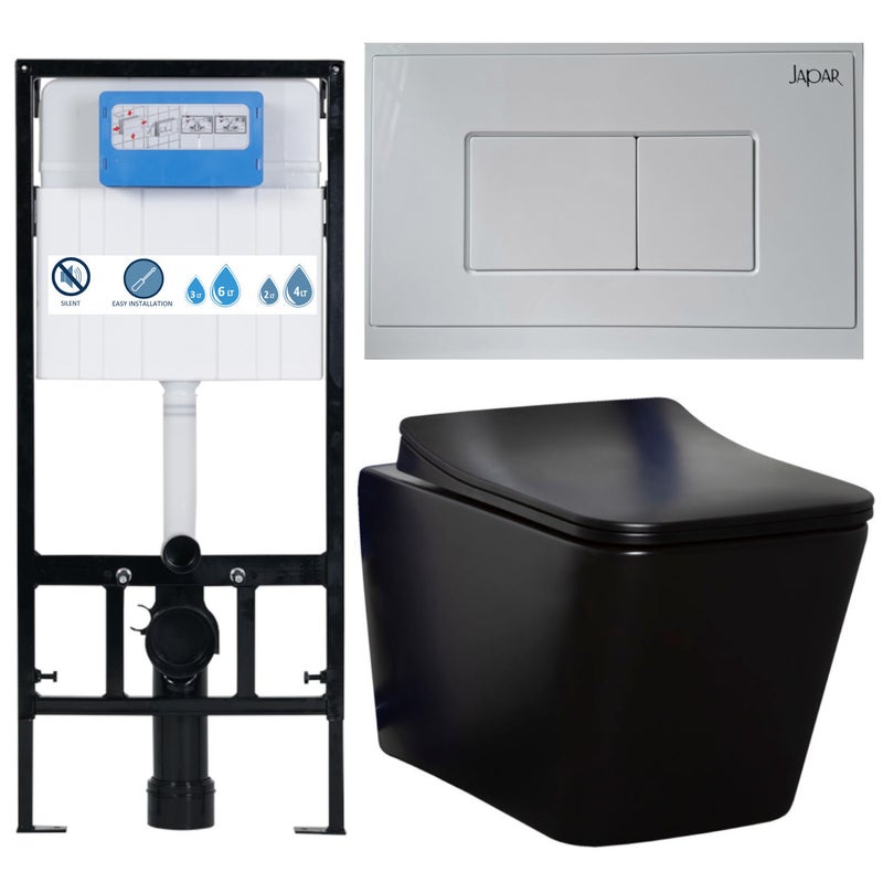 Miska WC czarny mat 51,5x36x34 cm podwieszana bezkołnierzowa, deska soft close, stelaż podtynkowy, przycisk