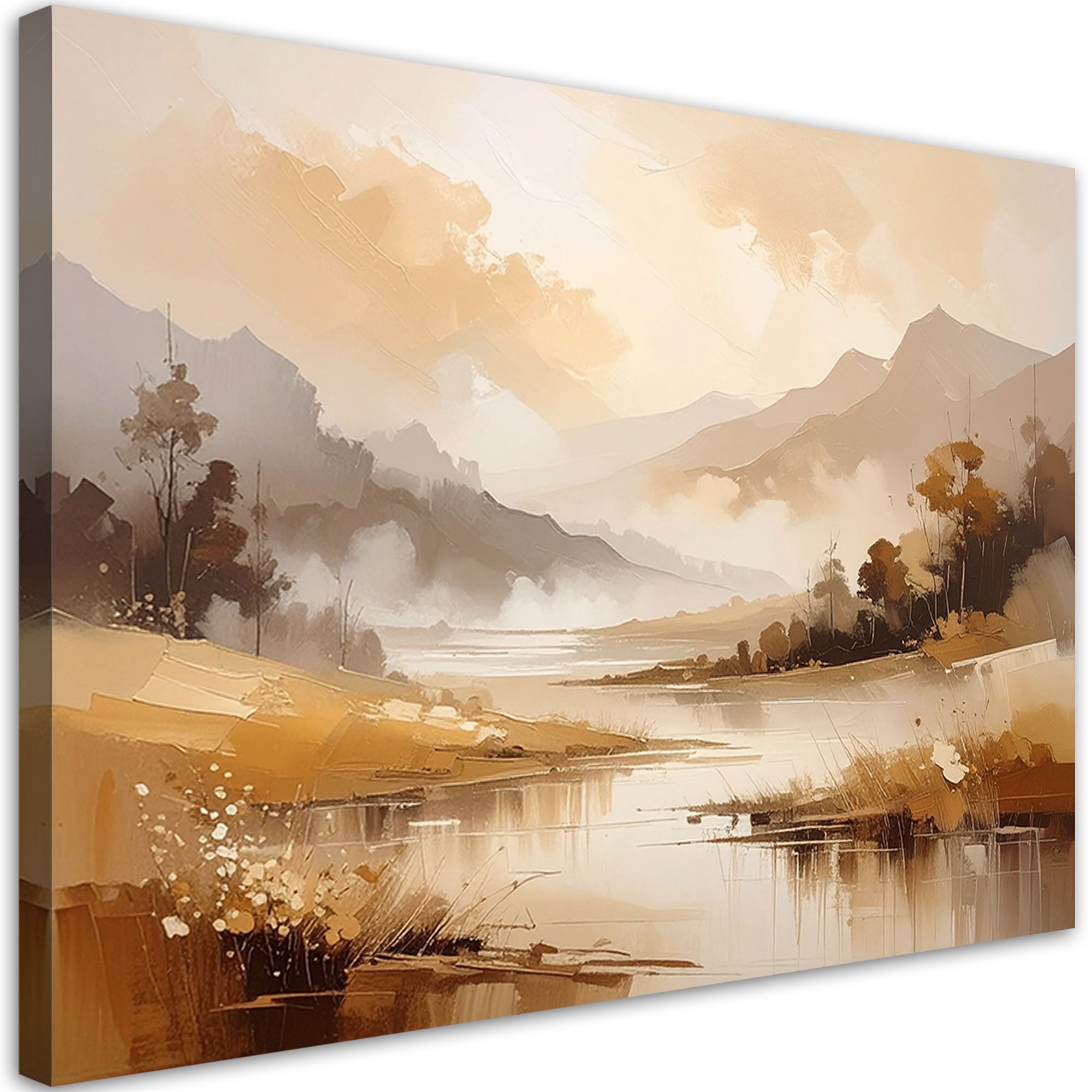 Obraz do salonu sypialni, Pastelowy Pejzaż Gór i Drzew Krajobraz Natury Beżowy 45x30