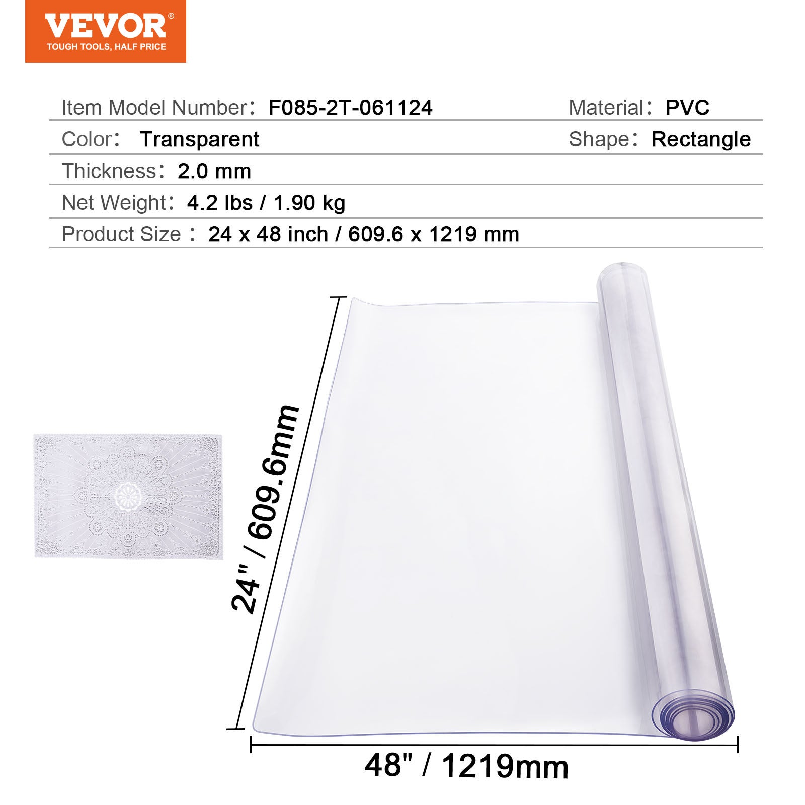 Protezione per tavolo in PVC trasparente,VEVOR 24 x 48 pollici,spessore 2,0 mm,rettangolare,impermeabile,facile da pulire,adatta per ristoranti - 7