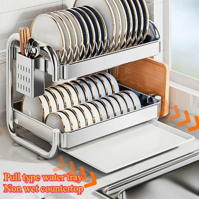 AULEDIO Scolapiatti tipo C 2 livelli acciaio inox 304 antiruggine con vassoio raccogligocce estraibile portaposate portatagliere organizer cucina