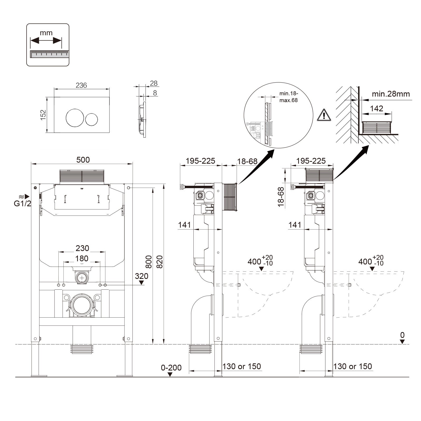 Complet Pack WC Suspendu - 82 cm bâti-support pour WC à réservoir + WC Suspendu + Plaque de déclenchement ronde blanche - 8