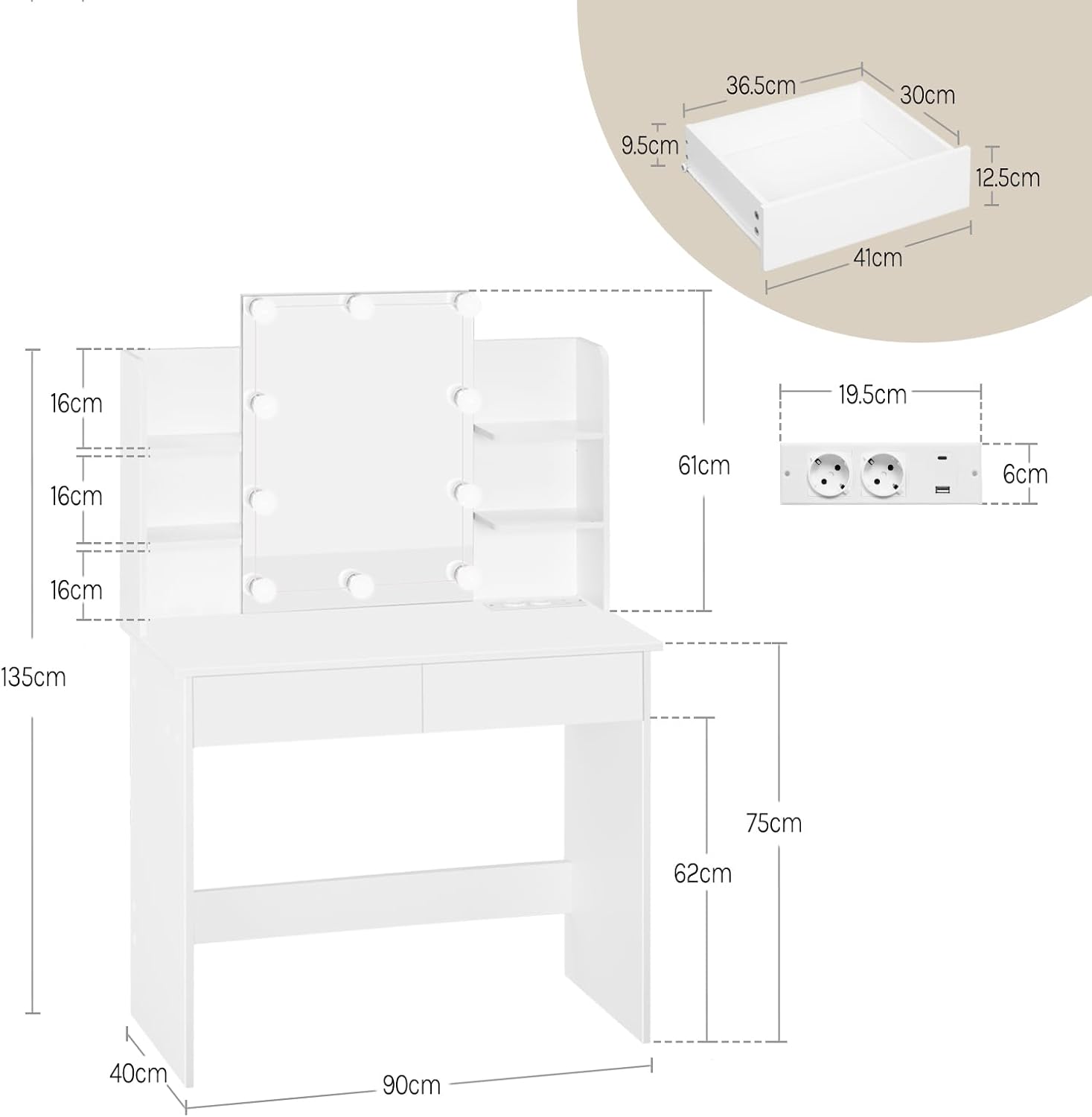 Coiffeuse avec Miroir LED WOLTU, Table de Maquillage avec Miroir, Coiffeuse avec 2 Tiroirs et 4 Étagères, Blanc, 90x135x40 cm - 4
