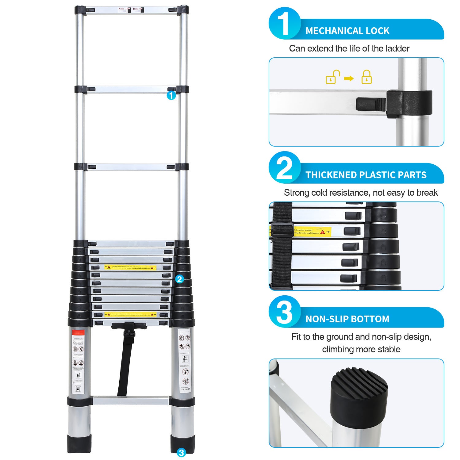 Échelle télescopique escabeau 2,6m argentée avec crochets amovibles, multifonction, 150kg - 4