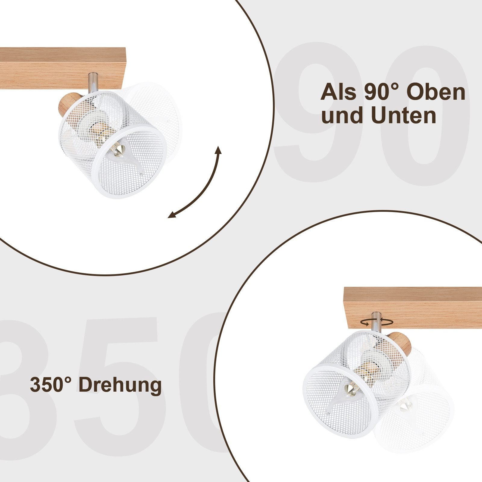 NETTLIFE Faretto da soffitto, Plafoniera 3 faretti effetto legno bianco, E14 plafoniera orientabile 350° max 25 W moderna per soggiorno - 3