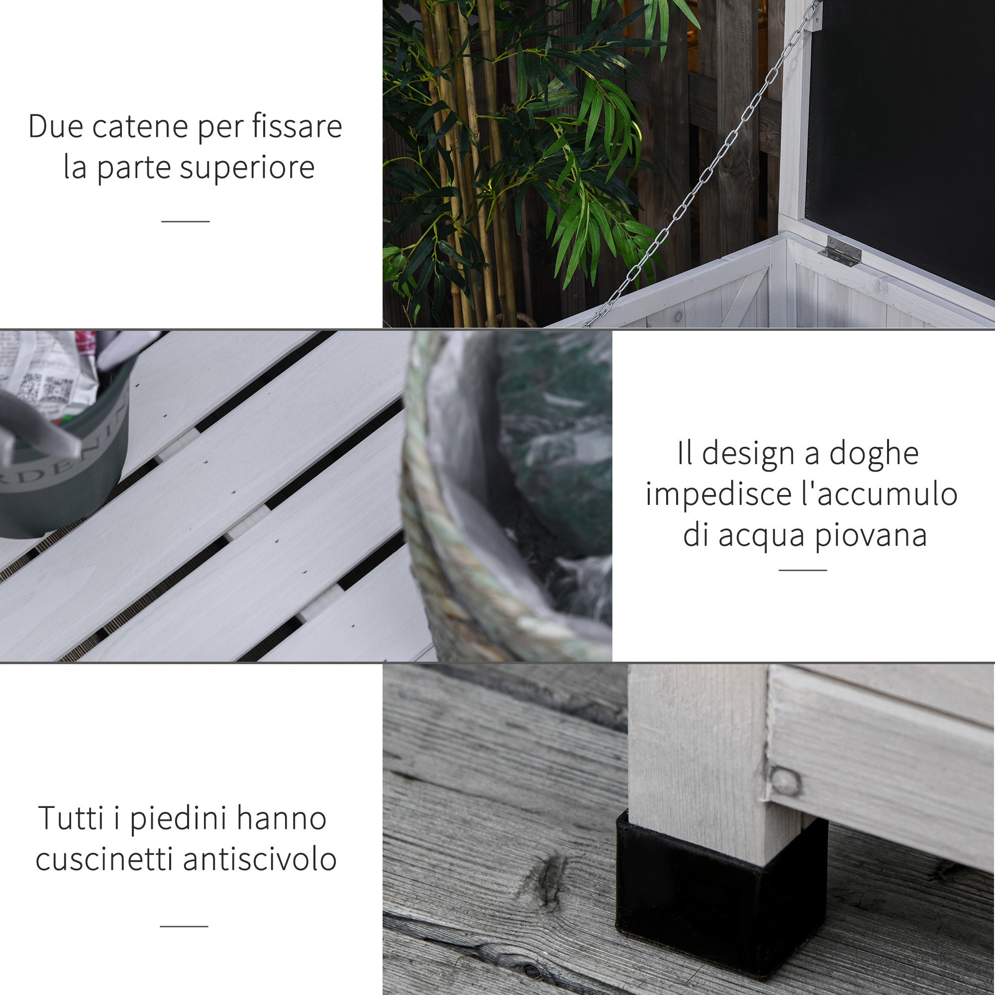 Outsunny Panca Contenitore In Legno Di Abete, Cassapanca Da Esterno Con Piedini Antiscivolo 127x56x60cm, Bianco - 6