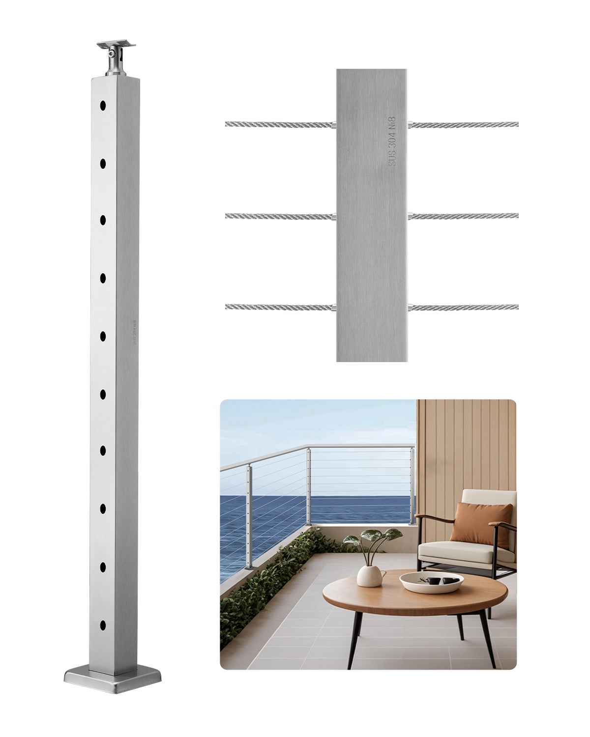 Słupek balustrady kablowej VEVOR 91,4x5x5cm Otwór poziomy 1JZLGZXYS91466KZK001V0