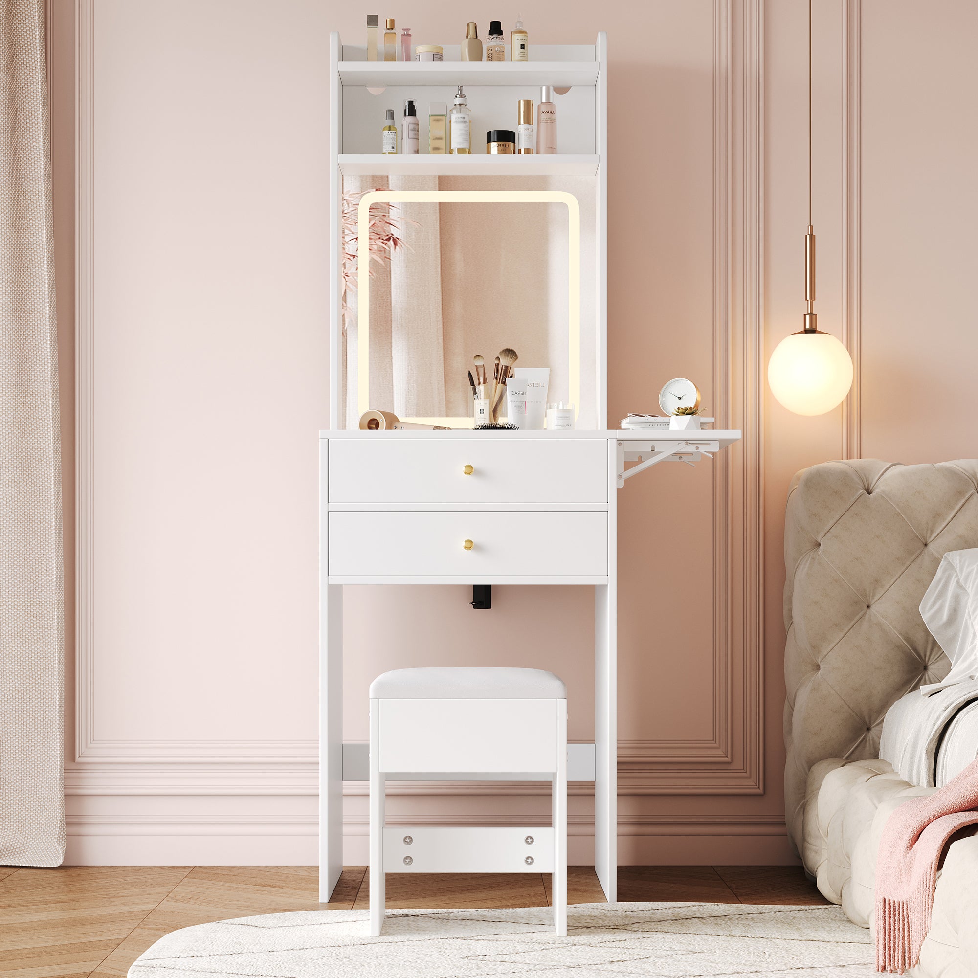 Toaletka z 2 szufladami, regulowanym lustrem LED i 1 stołkiem - 75 x 156 x 45 cm - składany blat - MDF - biała
