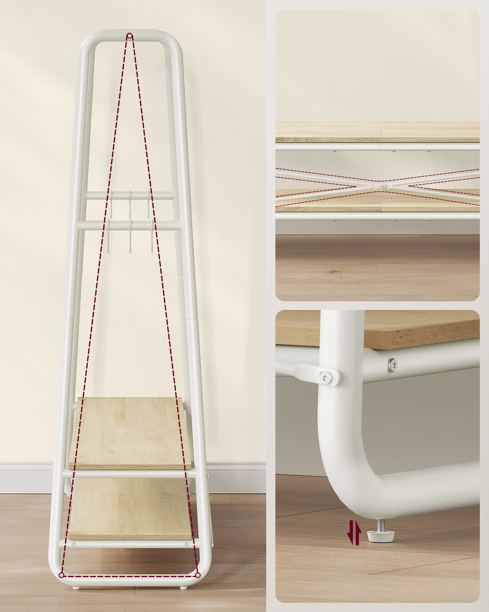 Portant à Vêtement, avec 2 Étagères, 6 Crochets en Forme de S, Cadre en Acier, 45 x 138 x 160 cm, Beige Naturel et Blanc Mat - 4