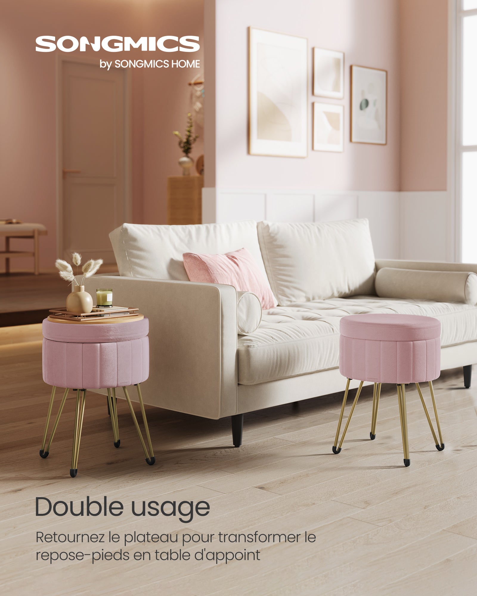 Tabouret Rangement, Siège Rond, Tabouret Coiffeuse, Pouf en Velours, Repose-pieds, 39 x 44,4 cm (Diamètre x H), 4 Pieds en Métal, Rose Bonbon - 2