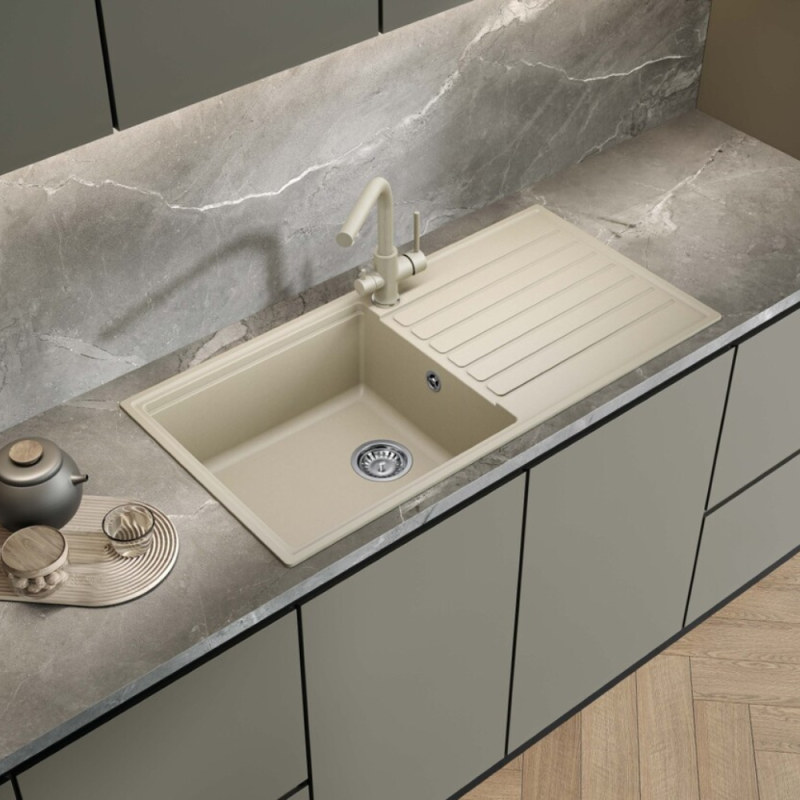 100x50 cm évier avec égouttoir réversible en Granite, à encastrer, blanc (SATSINKGQK103W) - 3