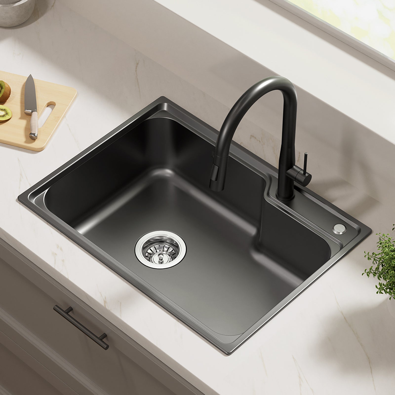 Portaoggetti Per Lavello Da Cucina In Acciaio Inox | Vassoio Antigoccia E Divisori Regolabili | Colore Nero