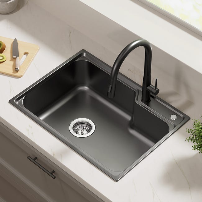 Portaoggetti Per Lavello Da Cucina In Acciaio Inox | Vassoio Antigoccia E Divisori Regolabili | Colore Nero