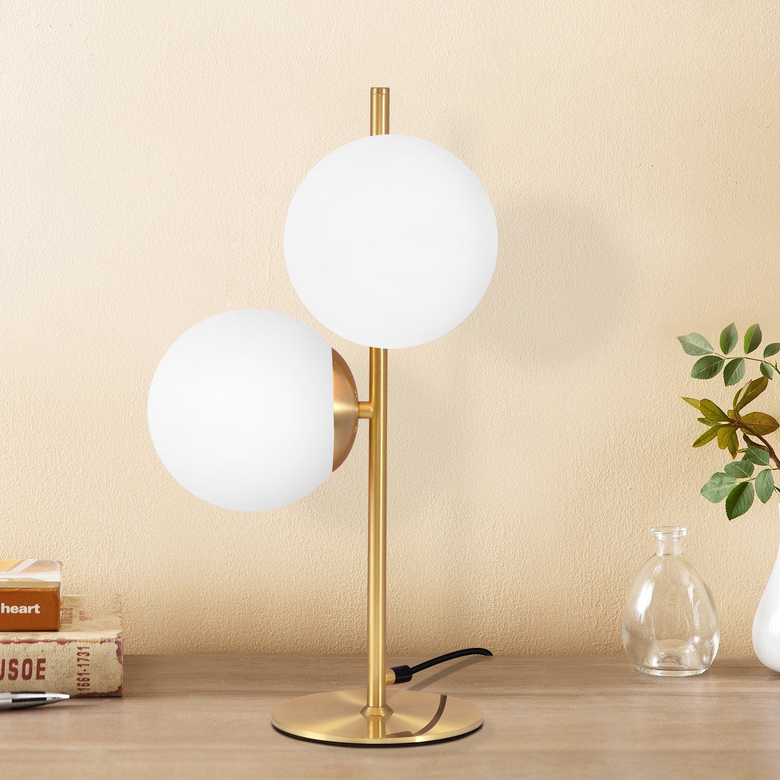 NETTLIFE lampada da tavolo moderna lampada da comodino industriale oro 2 lampadine con interruttore di design in metallo in vetro bianco E27 - 9