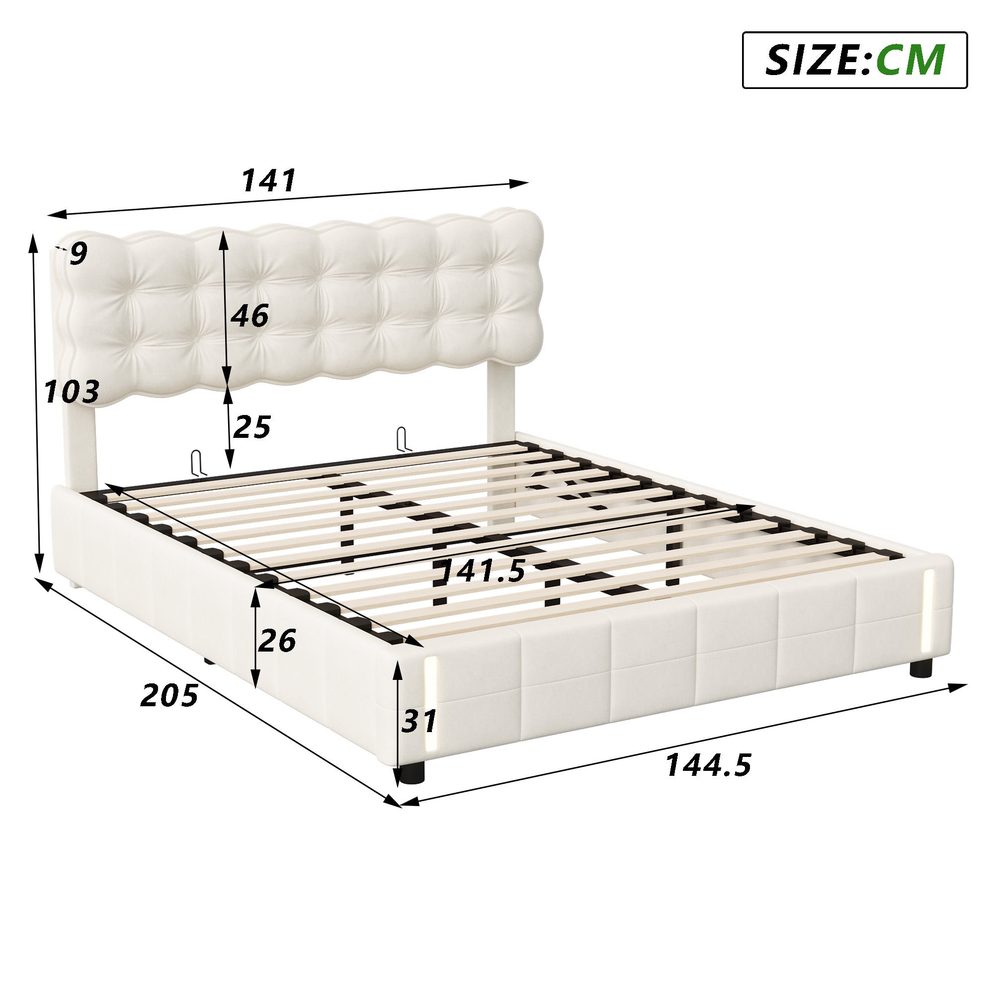 Lit coffre 140x190 avec sommier, velours, rangement, lit double adulte, lumière chaude à capteur, lit capitonné style scandinave - Beige - 4