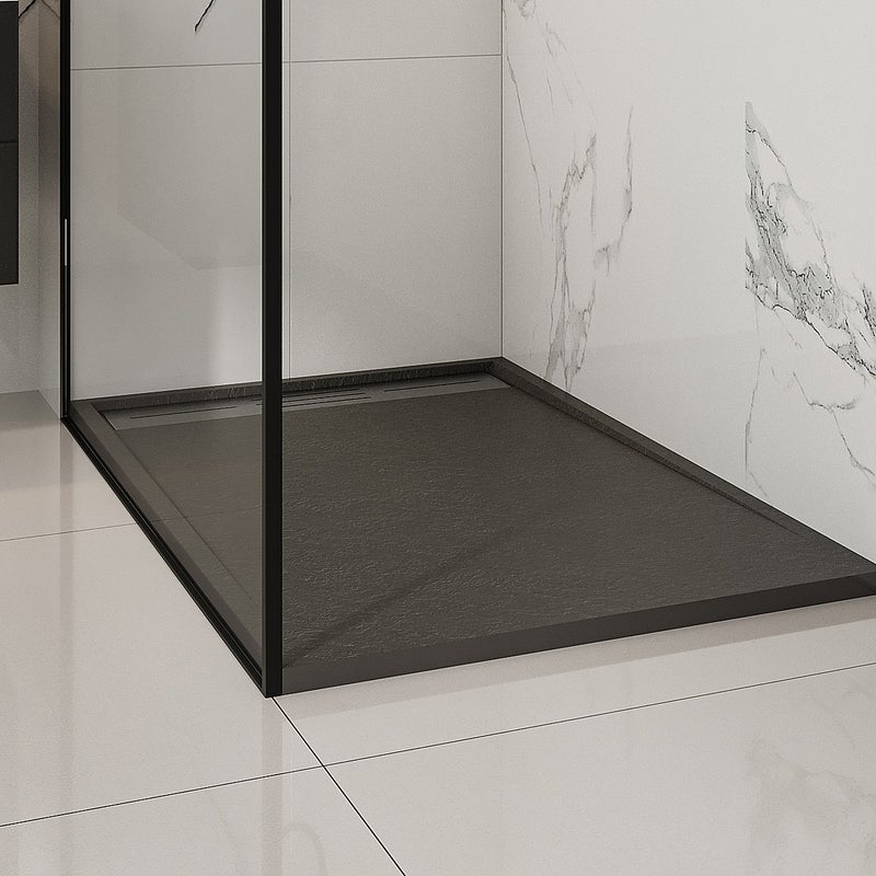 Brodzik posadzkowy lub wpuszczany w posadzkę z żywicy z syfonem - Czarny - 120 x 80 cm - LYROSA