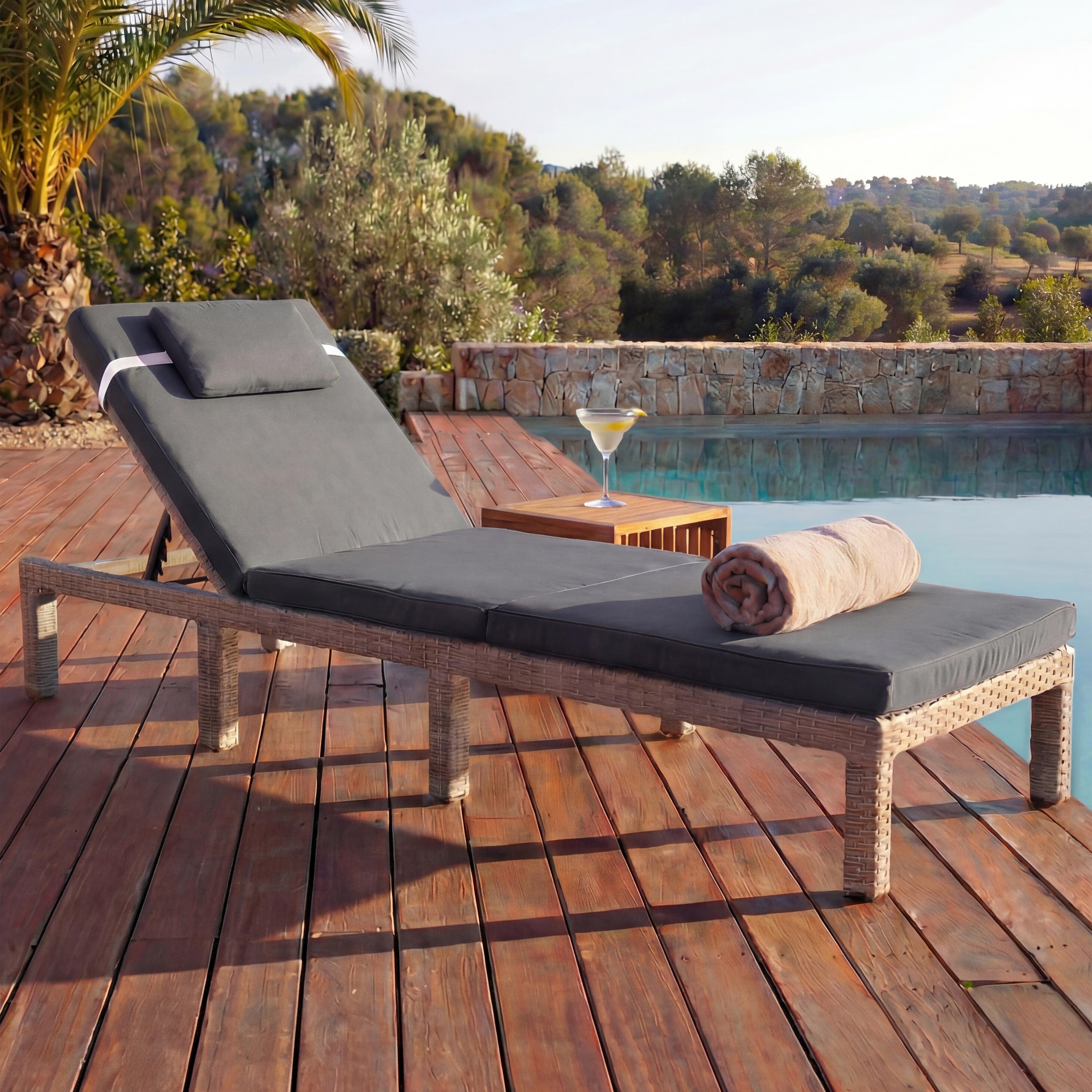 Lettino Regolabile Da Esterno MCW-D80 Polyrattan Grigio Con Cuscino Grigio Scuro