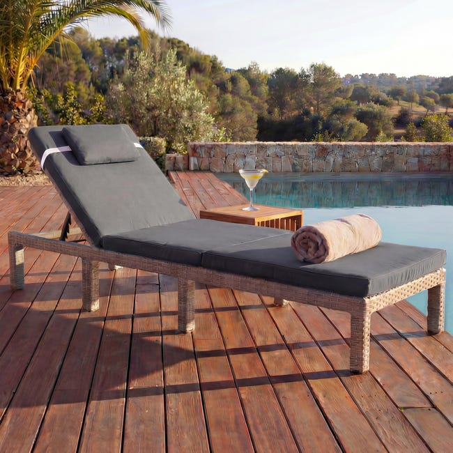 Lettino Regolabile Da Esterno MCW-D80 Polyrattan Grigio Con Cuscino Grigio Scuro Lettino Regolabile Da Esterno MCW-D80 Polyrattan Grigio Con Cuscino Grigio Scuro