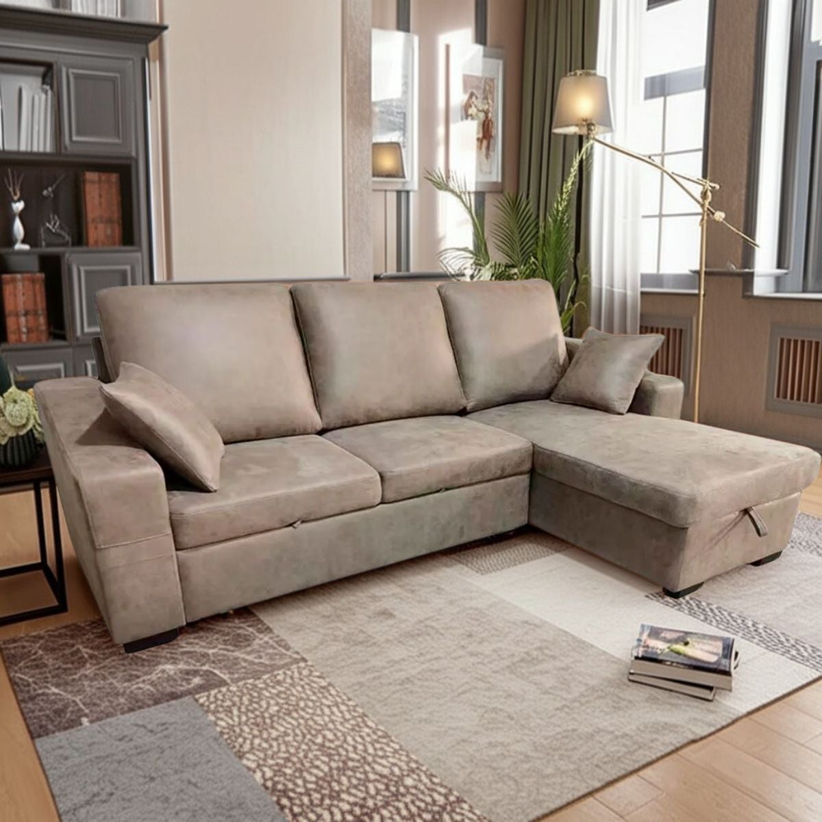 Sofá chaiselongue corea 3 plazas reversible con arcón y reposapiés extraíble cemento 95x248x156 cm