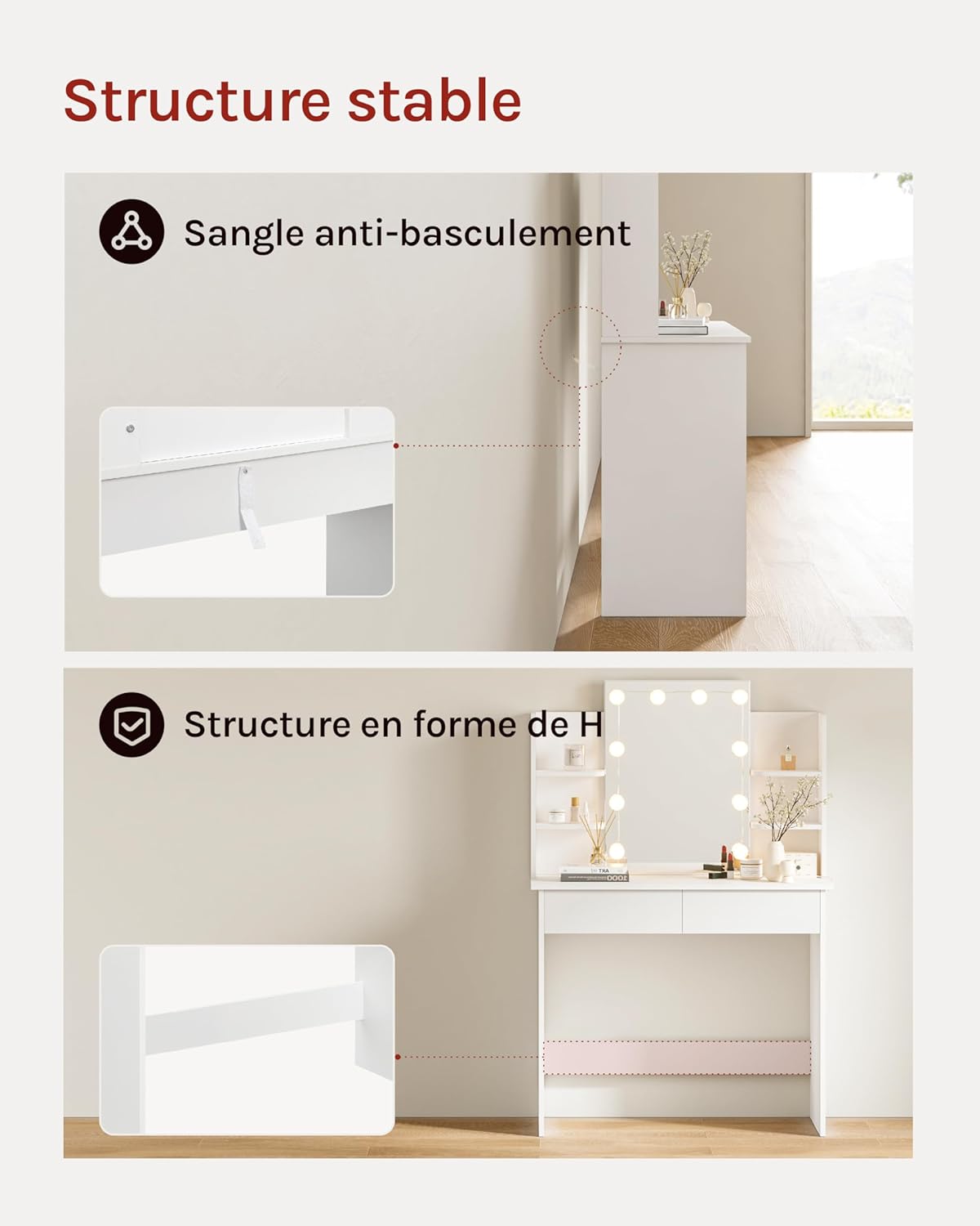 Coiffeuse avec Miroir LED à Luminosité Réglable - 2 Tiroirs et 4 Étagères de Rangement - Table de Maquillage - Blanc - WOLTU - 8