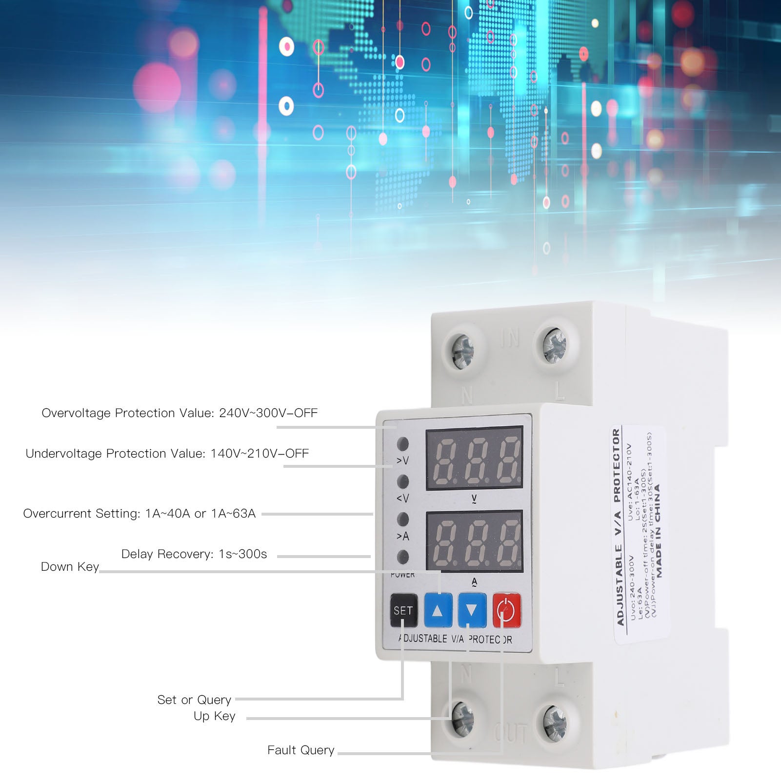 Relais de protection surtension sous-tension DIN rail 63A double affichage réglable 240-300V protection tension – ComfortXL - 2