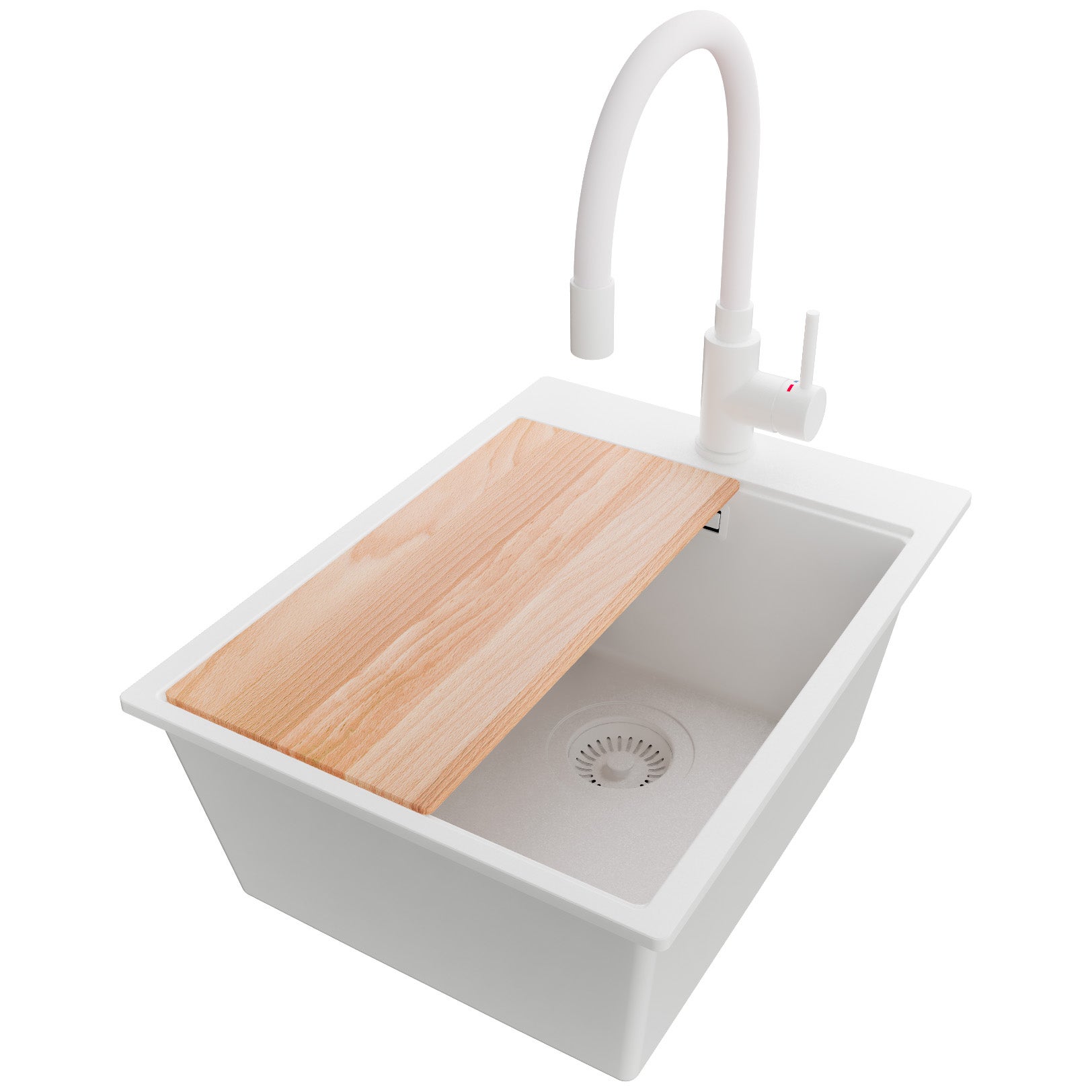 Zlewozmywak Granitowy Cały Biały 38x50cm, Zlew Kuchenny 1 Komorowy + Bateria 38x14cm + Syfon + Deska, Nablatowy do szafki od 40cm - Oslo PRIMAGRAN