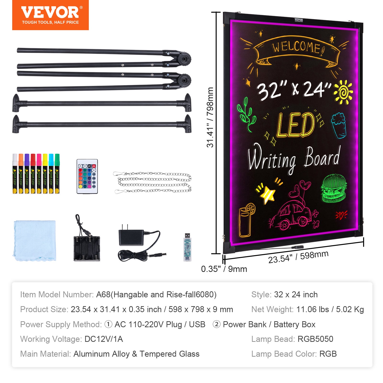 Tableau d'affichage lumineux LED,VEVOR 81,3 x 61 cm,panneau lumineux effaçable néon,affichage du menu 8 marqueurs à craie lumineuses télécommande - 7