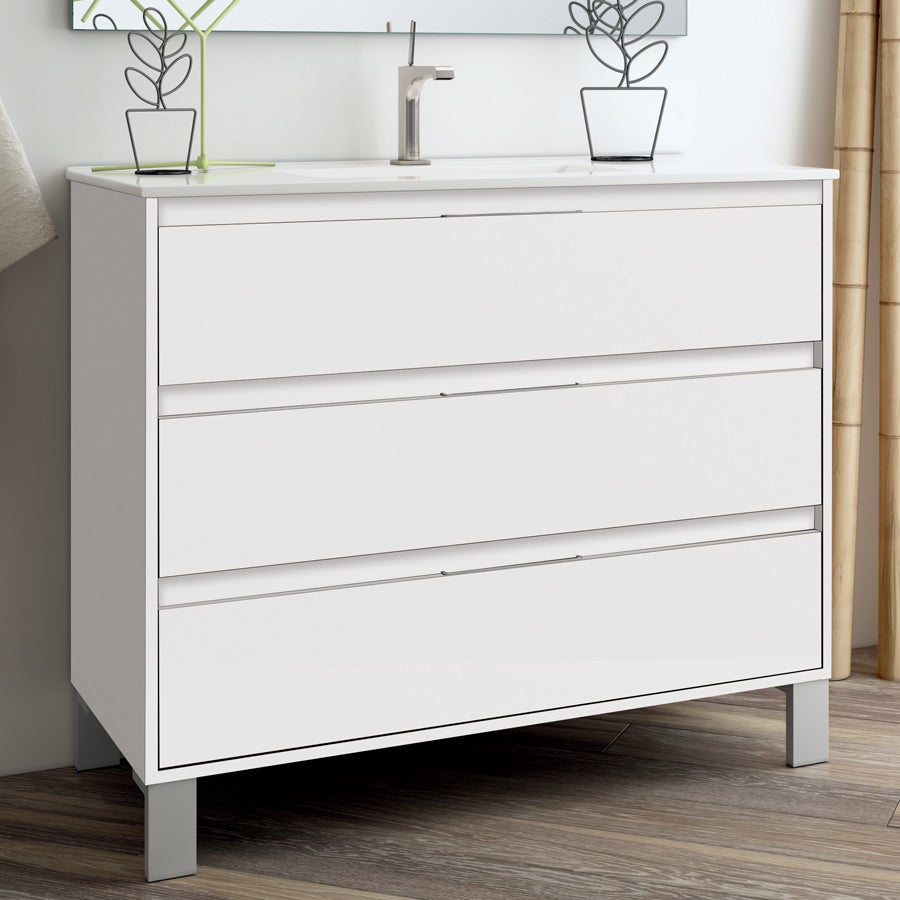 Meuble de salle de bain simple vasque - 3 tiroirs - TIRIS 3C et miroir Led STAM - blanc - 100cm - 2
