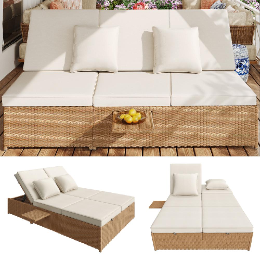 Espreguiçadeira dupla para exterior em rattan, sofá de rattan, móveis de jardim dobráveis, com almofadas, resistente ao clima, branco - 7