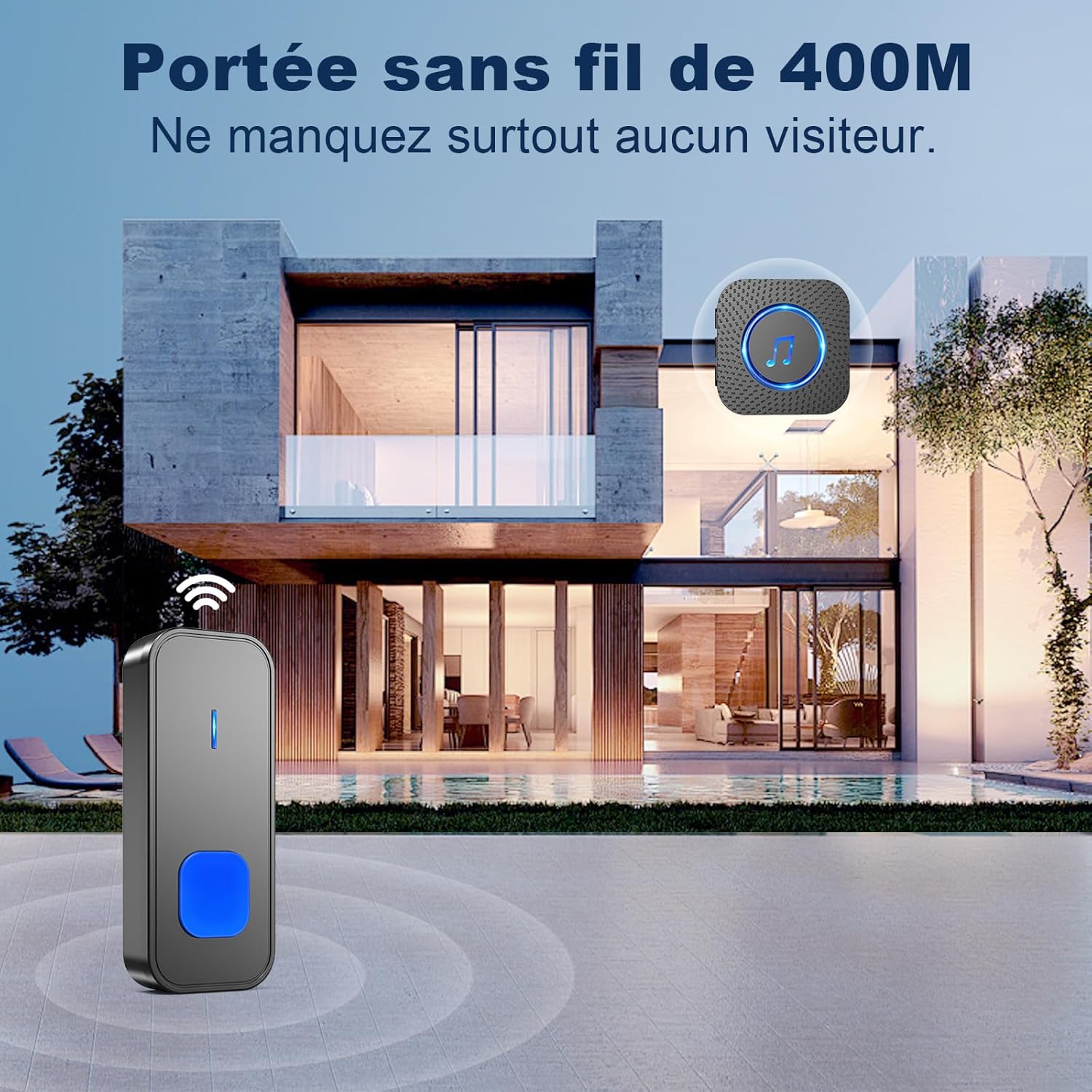 Sonnette sans Fil, 400M Sonnette Longue Portée Exterieur Étanche Electronique, Kit de Carillon avec Récepteurs Enfichables pour la Maison, LED Bleu - 2