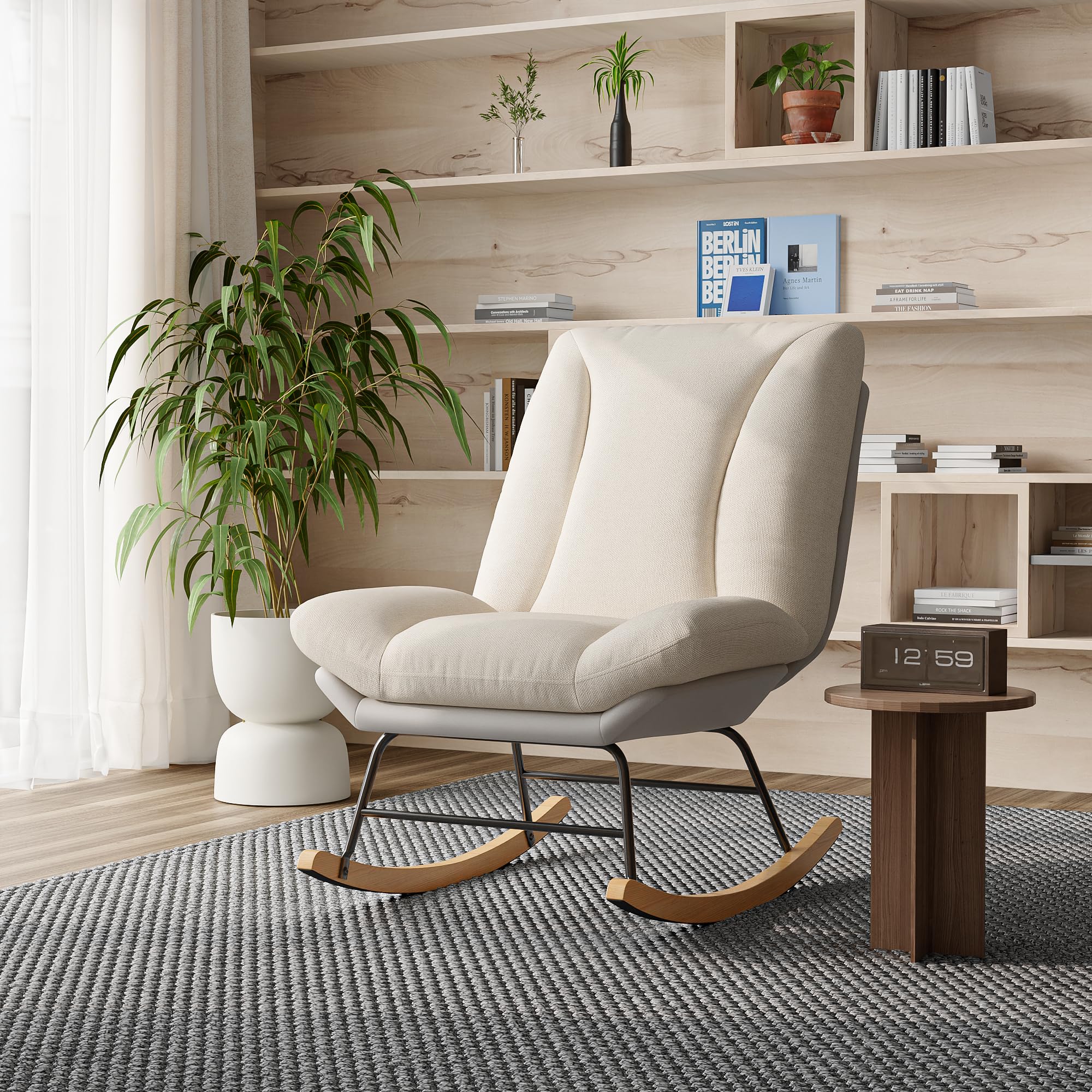 Fauteuil à Bascule, Rocking Chair, Fauteuil rembourré en Lin, avec Dossier Haut réglable, Chaise à Bascule, Chaise de Relaxation, d'allaitement - 3