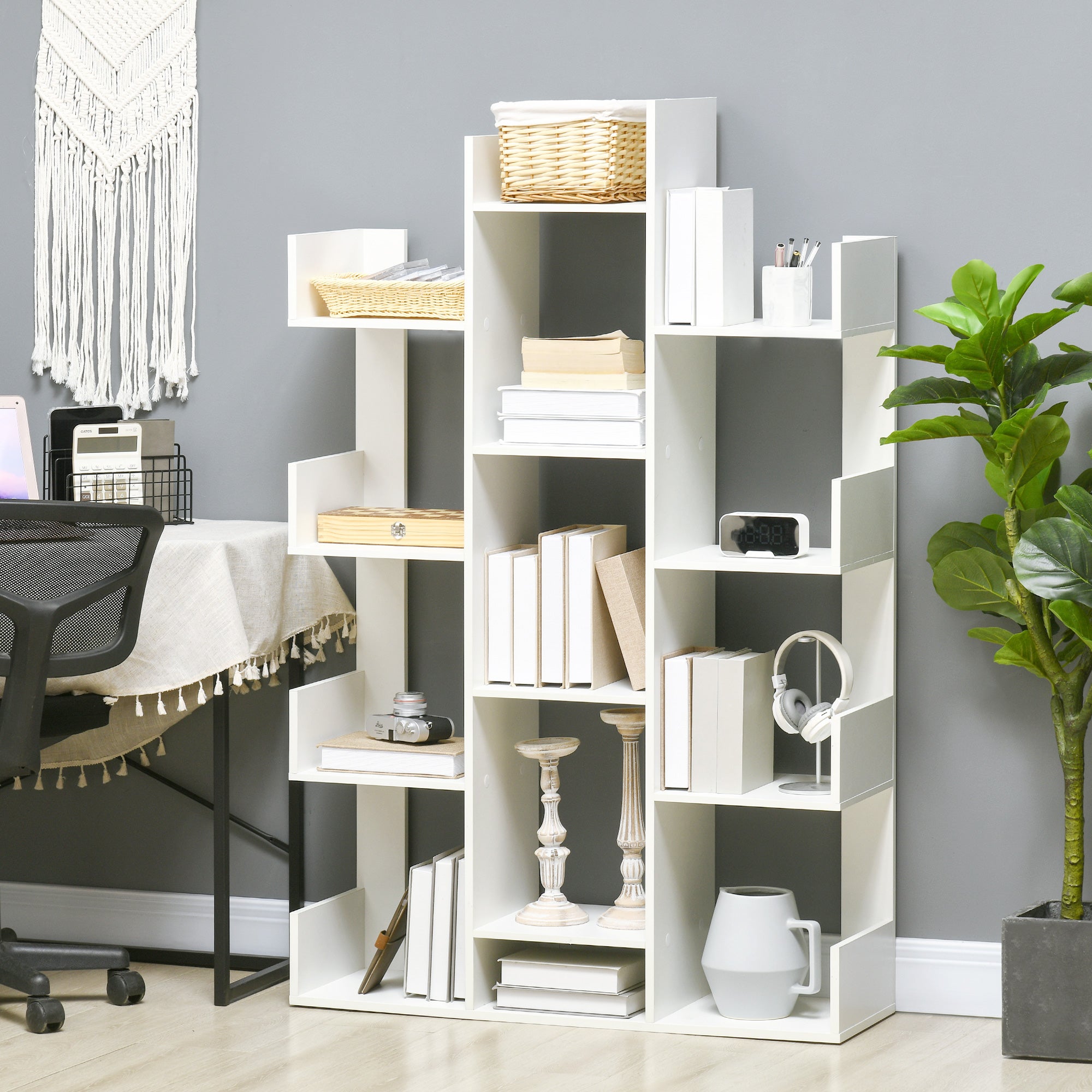 HOMCOM Mobile Libreria ad Albero con 13 Ripiani, Libreria Scaffale Moderna in Legno per Soggiorno, Studio, Ufficio, Bianco - 2