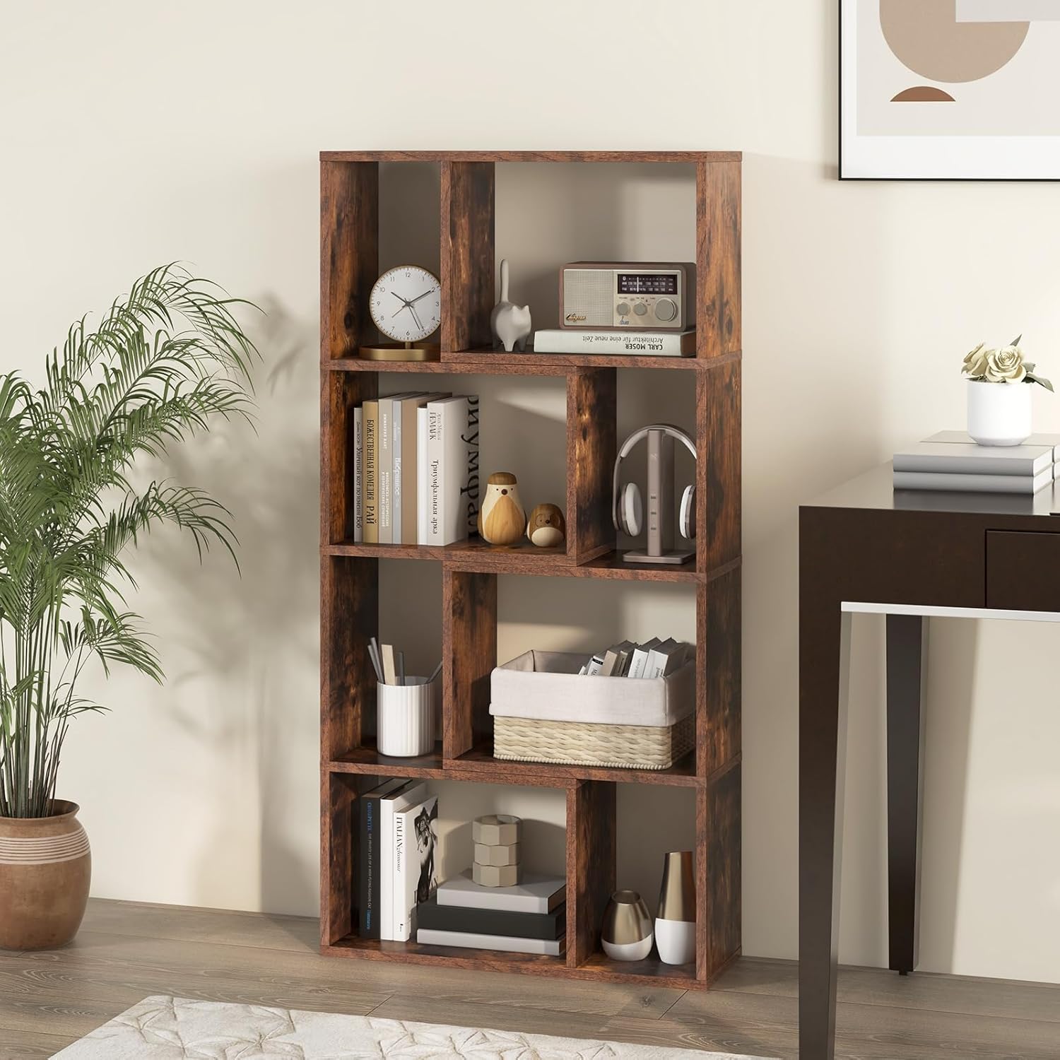 Bibliothèque Étagère à 8 Compartiments Ouvertes, Meuble de Rangement avec Kits Anti-basculement, pour Salon, Bureau, 20x60x120cm, Marron - 9