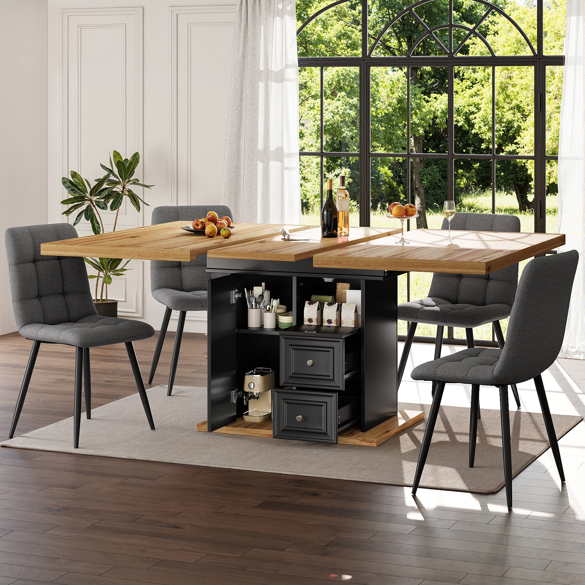 Mesa extensible 110-140x80x75 cm con almacenamiento clásico mdf y metal color negro