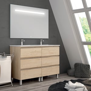 Meuble de salle de bain double vasque - 6 tiroirs - PALMA et miroir Led STAM - bambou (chêne clair) - 120cm