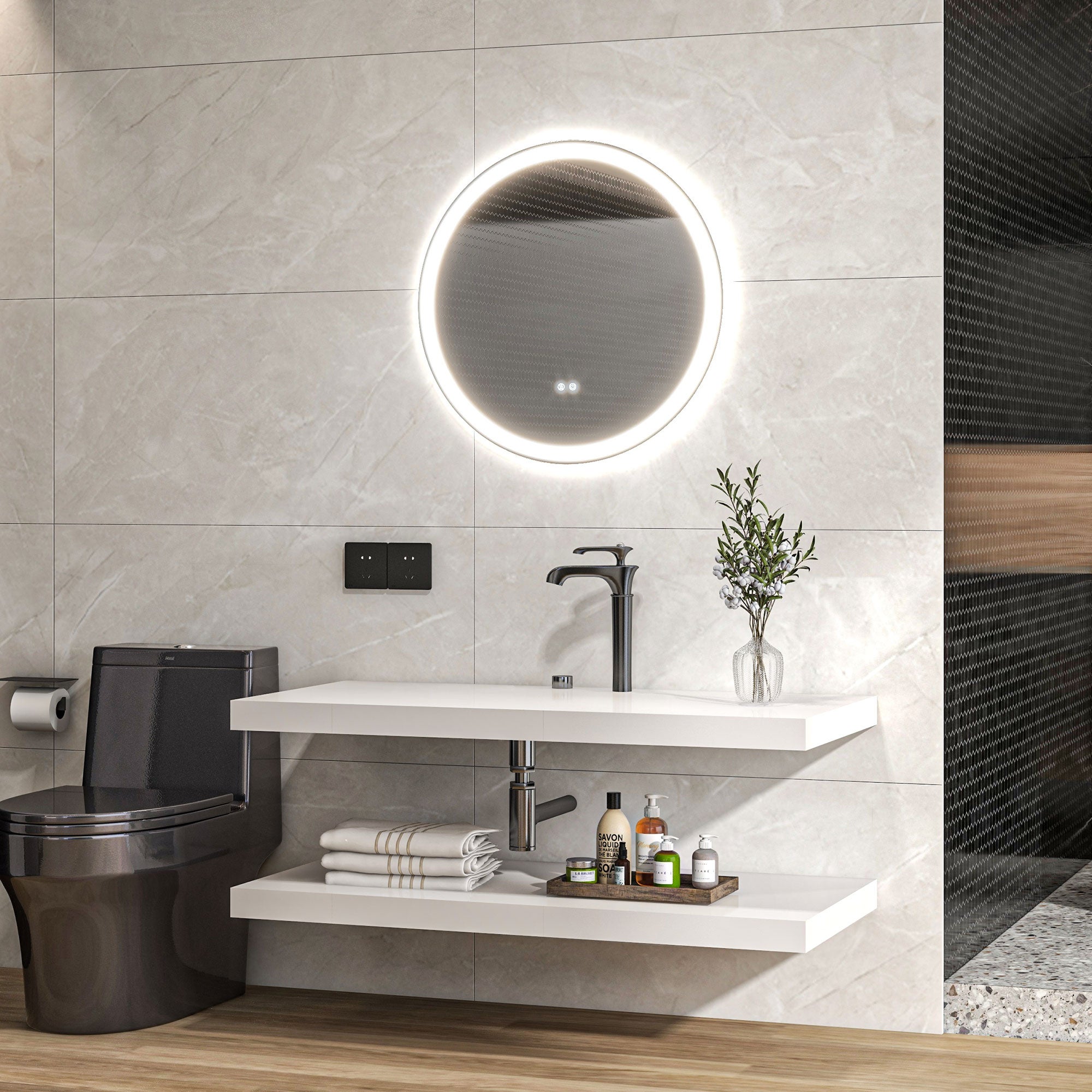 Miroir rond lumineux LED de salle de bain Ø 80 cm mural avec éclairage 3 couleurs interrupteur tactile 46W blanc argent - 4