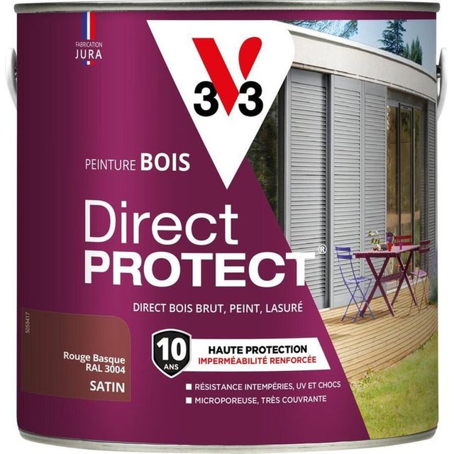 Peinture bois extérieure V33 Direct Protect satin Rouge basque RAL 3004 2L