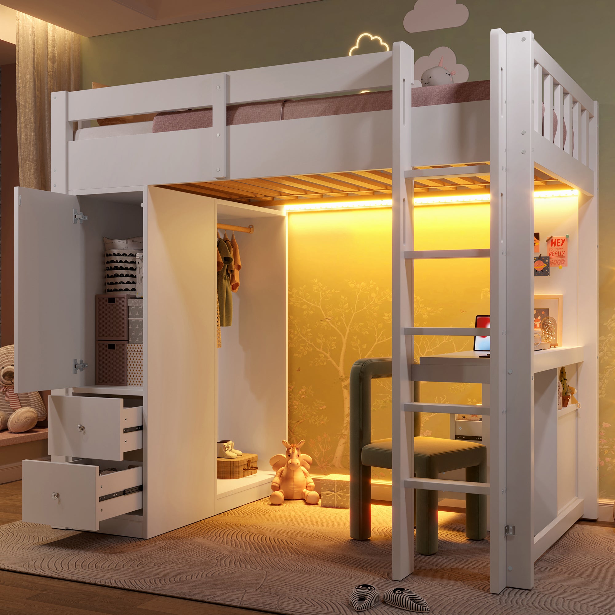 Lit mezzanine 90x200 4 tiroirs 1 placard rangement bureau sous lit ...