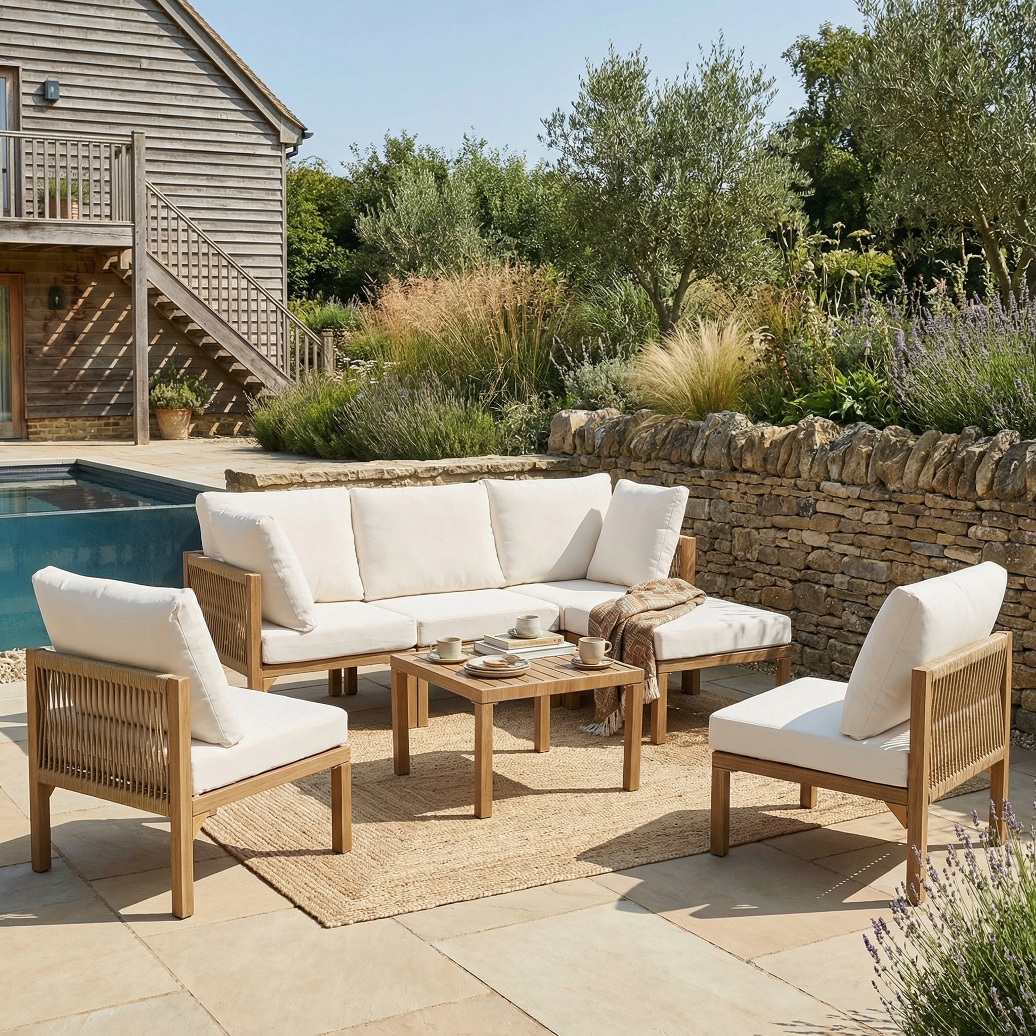 Salon de jardin modulable 6 places avec table basse carrée et pouf - 240 x 180 x 84 cm - Fer galvanisé et polyester - Beige - 2