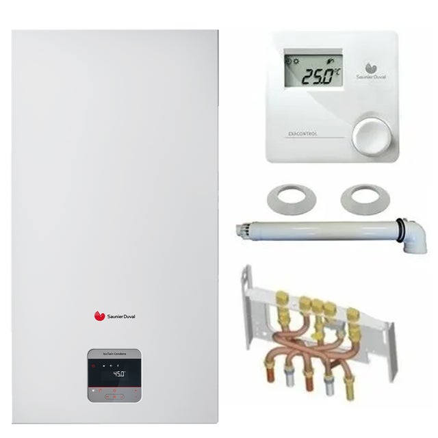 Chaudière Gaz Condensation Isotwin Condens Saunier Duval 26 kW Complète (Ventouse + Douilles + Dosseret) avec Thermostat Filaire
