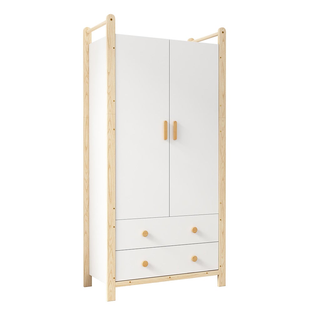 Armoire 2 portes 90x45x180cm, tringle, 2 tiroirs, aggloméré, blanc+pin. - 2