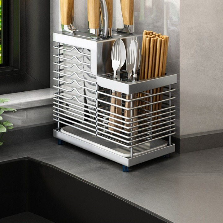 Uchwyt na noże ze stali nierdzewnej 304, uchwyt na noże do blatu kuchennego + uchwyt na pałeczki, kolory stali nierdzewnej, 24*12,7*22,8 cm