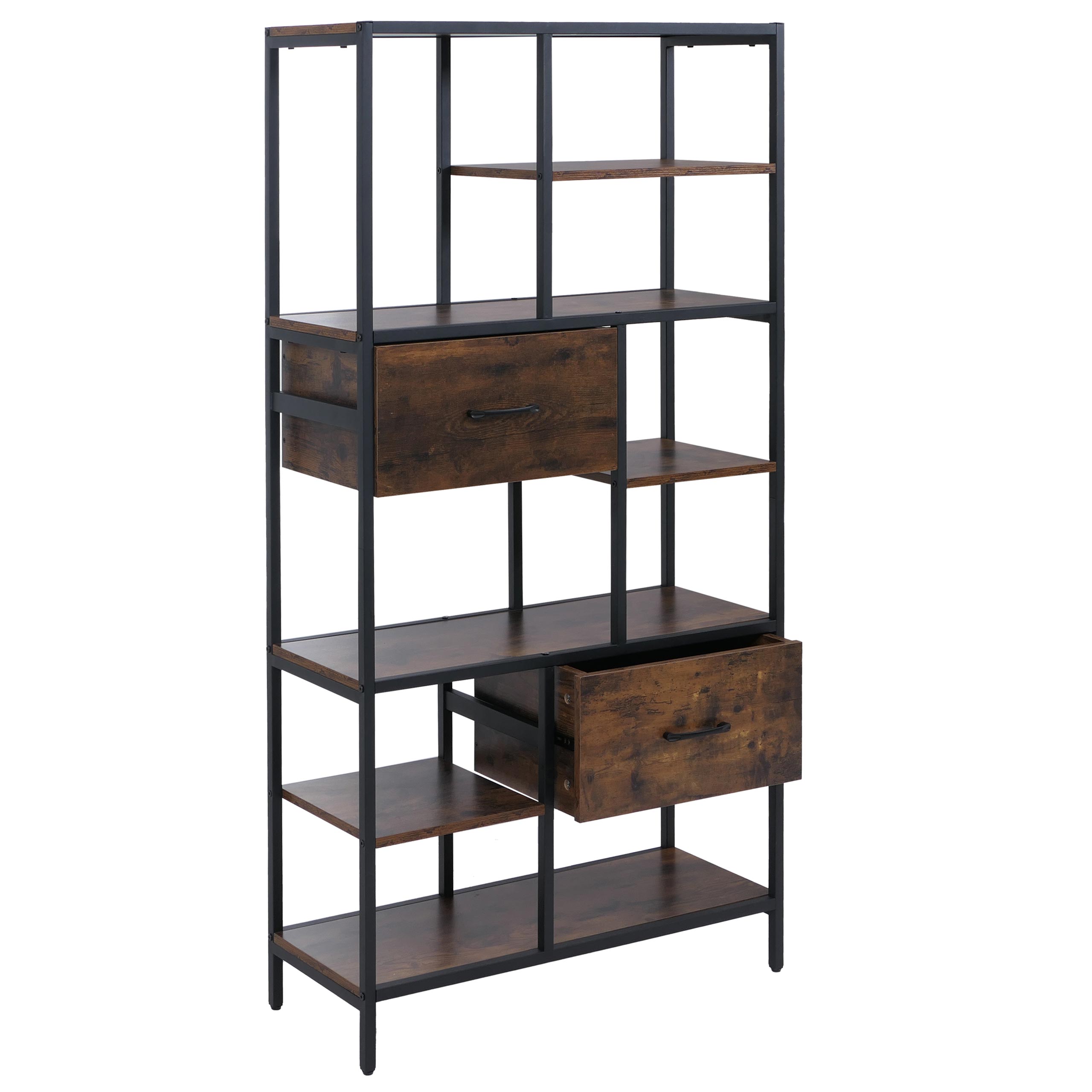 Regał HWC-P11, regał na książki, regał stojący, szuflady Industrial MDF metal melamina 150x81x33cm ~ ciemnobrązowy
