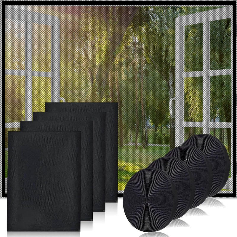 4 sztuki moskitiery okiennej, siatka na owady, moskitiera z siatki z 4 taśmami samoprzylepnymi 150 x 180 cm (czarna)