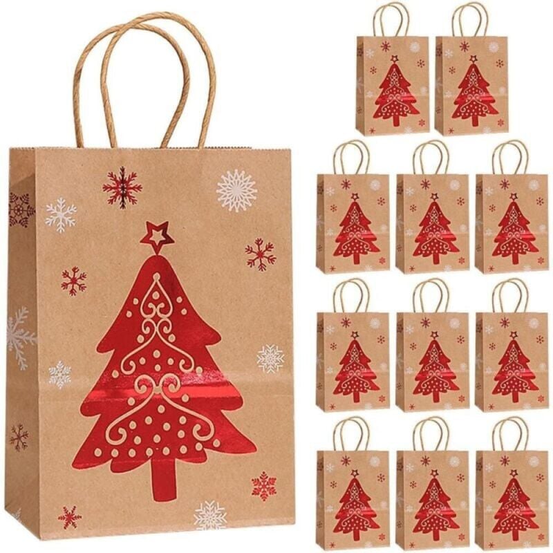 Lot De 24 Sacs Cadeaux De Noël Avec Poignée - Sacs Cadeaux De Noël En Kraft Pour Cadeaux De Noël (21 X 15 X 8 Cm, Multicolore