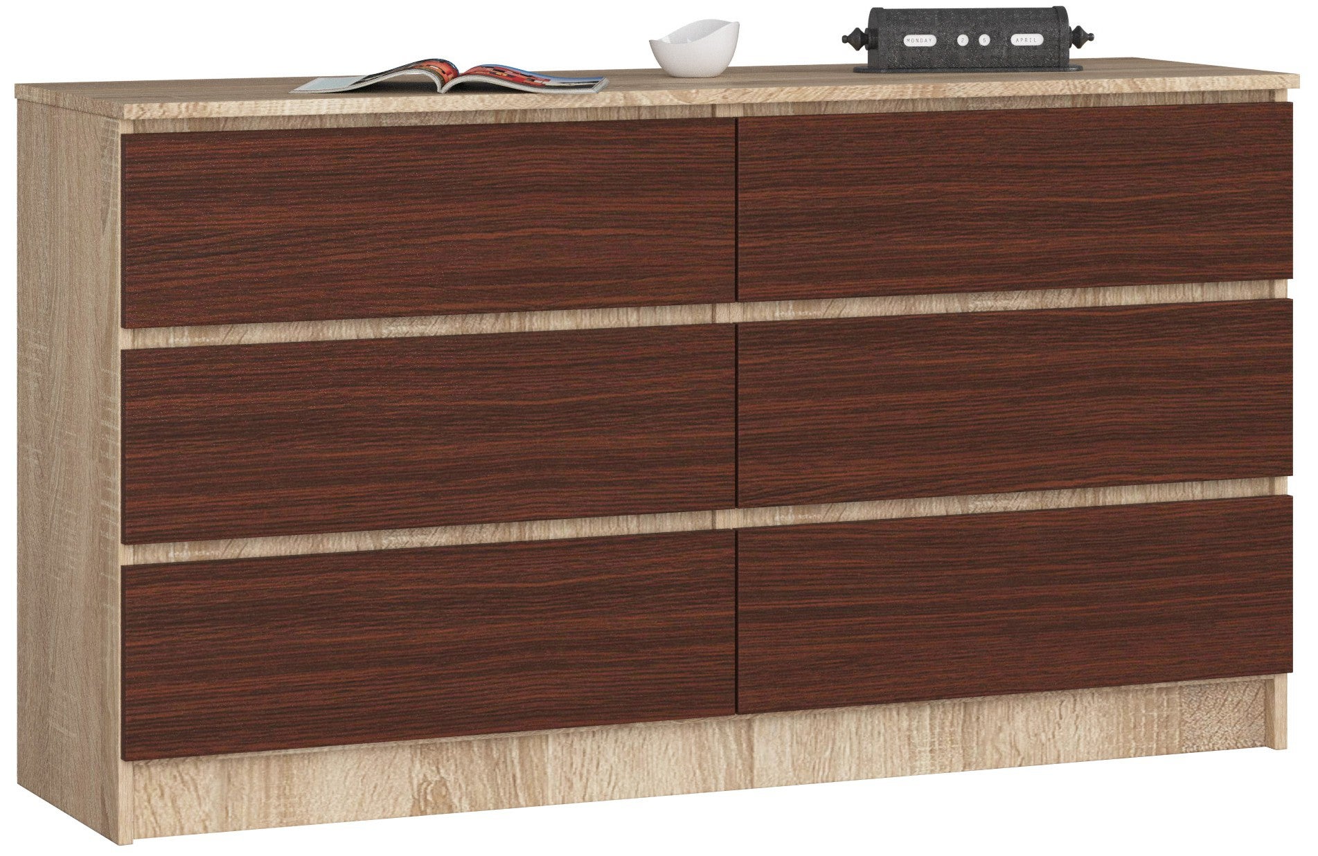 Komoda: 6 szuflad, dąb sonoma/wenge, 138 x 77 x 40 cm