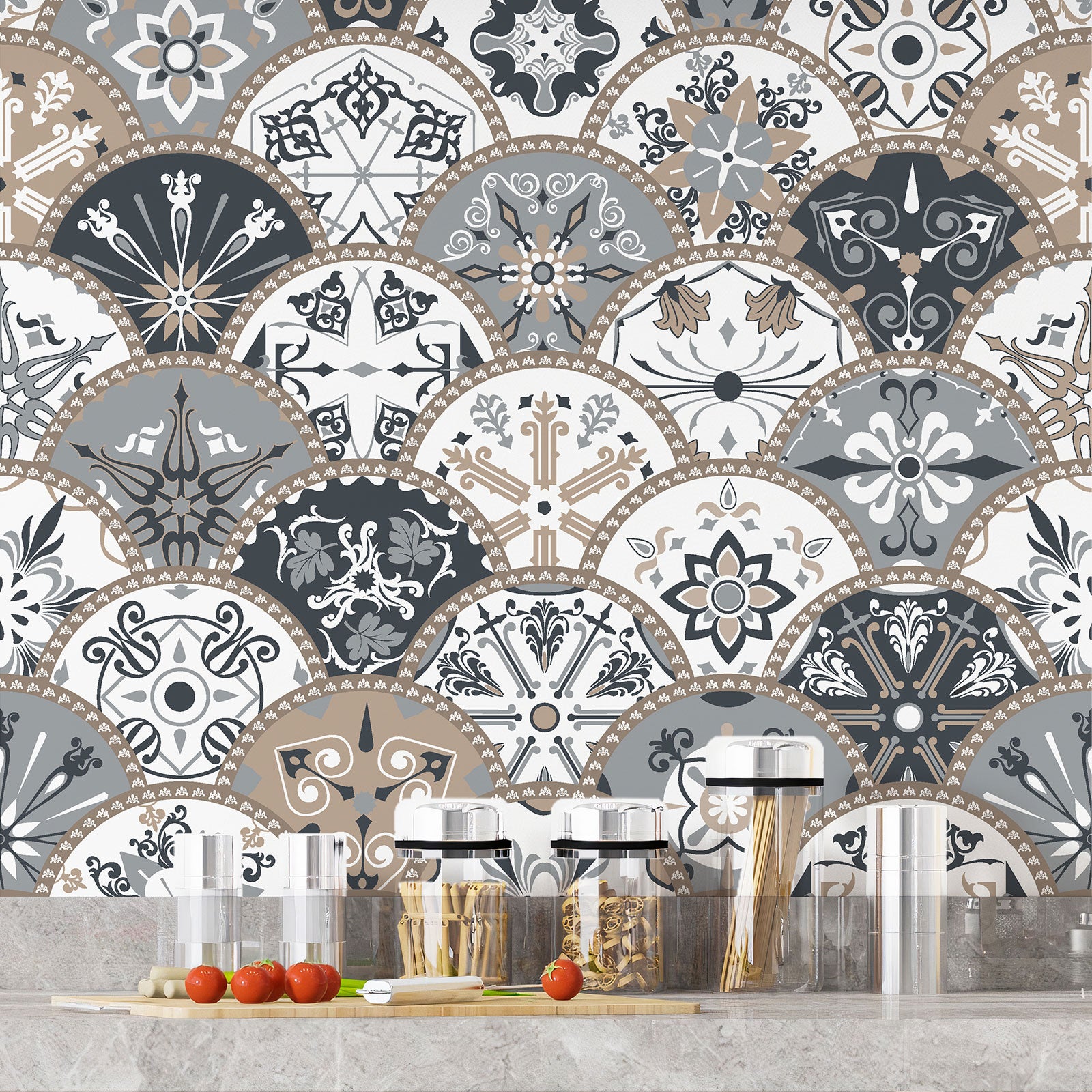 Crédence adhésive sticker décoratif pour cuisine - Effet carreaux de ciment - Adhésif BRILLANT - 60x60 cm - 4