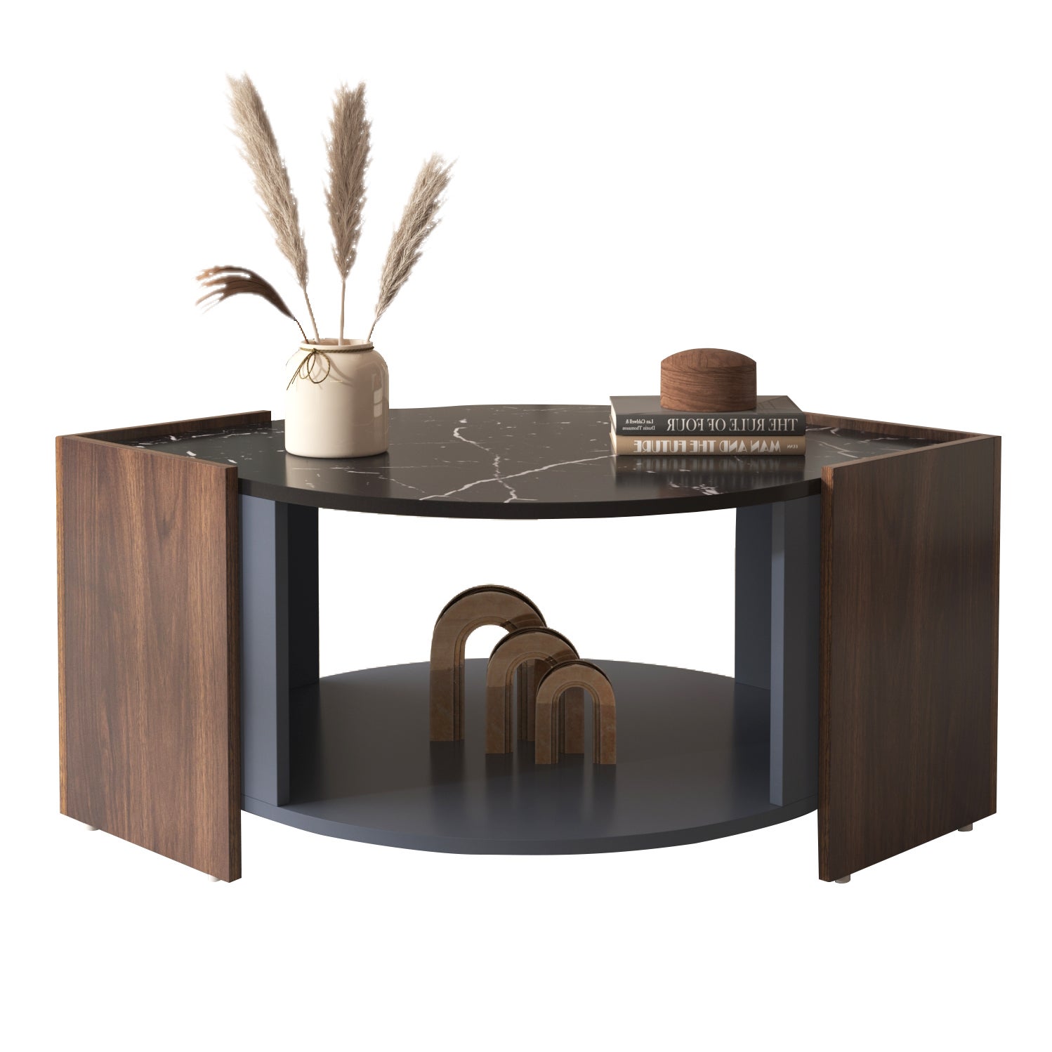 Table basse moderne multifonction effet marbre et noyer, table de salon au design contrasté avec lignes uniques, style élégant, 100x60x40cm, Marron - 7