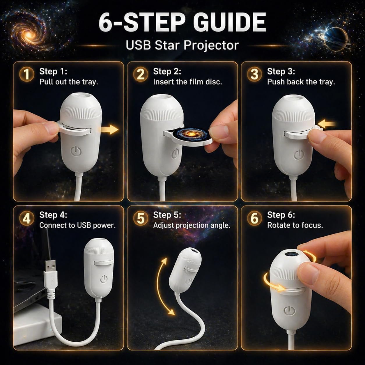Luce notturna galattica 2 in 1, proiettore galattico USB con 12 pellicole di proiezione scorrevoli, luce notturna regolabile a 360° per camera da le - 2
