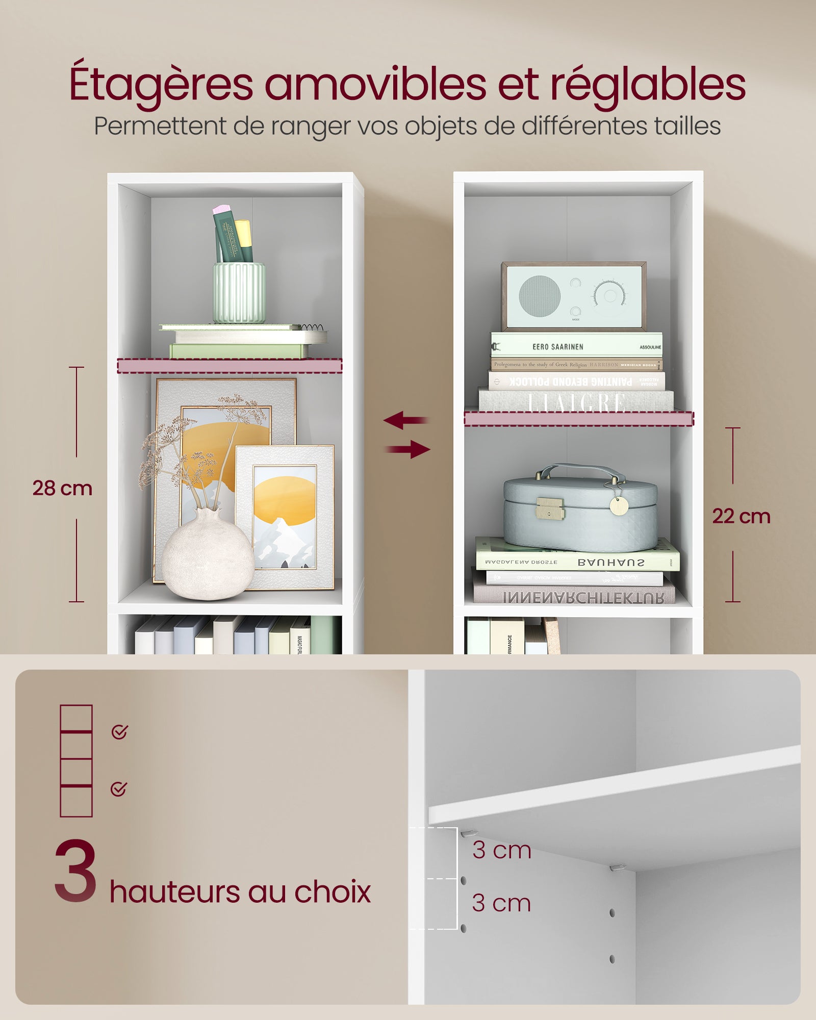 Bibliothèque, Étagère sur 4 Niveaux, avec Étagères Réglables, Meuble de Rangement Ouvert, pour Salon, Chambre, Bureau, Blanc Nuage - 3