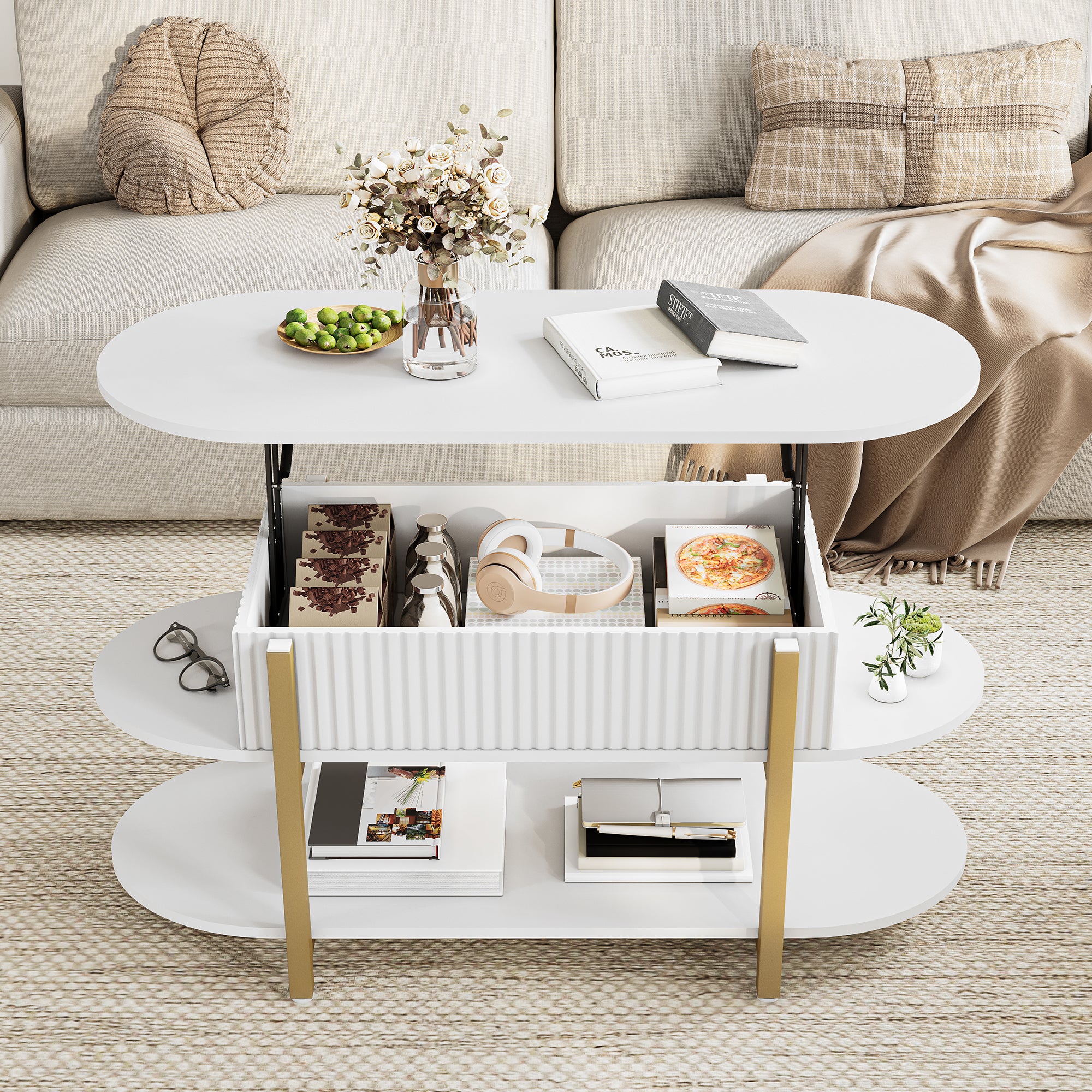 KEFSR Table Basse avec Plateau Relevable Bois MDF,Table de Salon Relevable Moderne avec Compartiment Caché et Étagère,Réglable,106x45x50cm,Blanc - 8